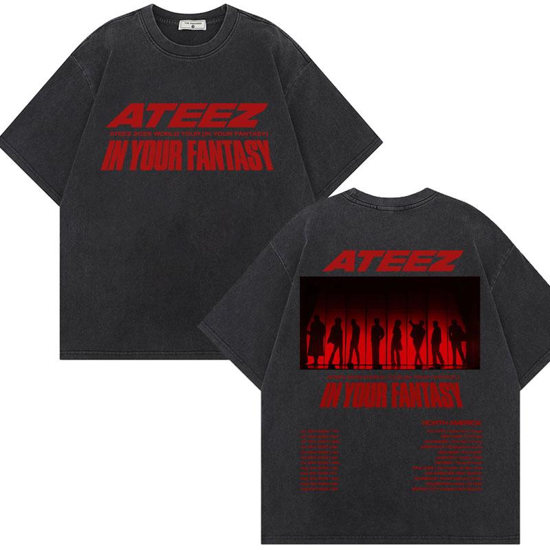ATEEZ  World Tour in Your Fantasy Graphic T Shirt Harajuku Kpop Vintage Washed Tshirt Unisex Fashion Casual Cotton Tshirts