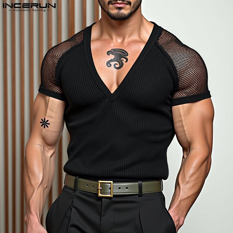 INCERUN Herren T-Shirts Lässig V-Ausschnitt Kurzarm Netzgarn Transparent Patchwork Oberteile