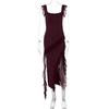2026 Summer Women's Fashion Sexy Ruffle Trim Spliced Split Dress - Spaghetti Strap Bodycon Gown Stitching Temperament Sexy