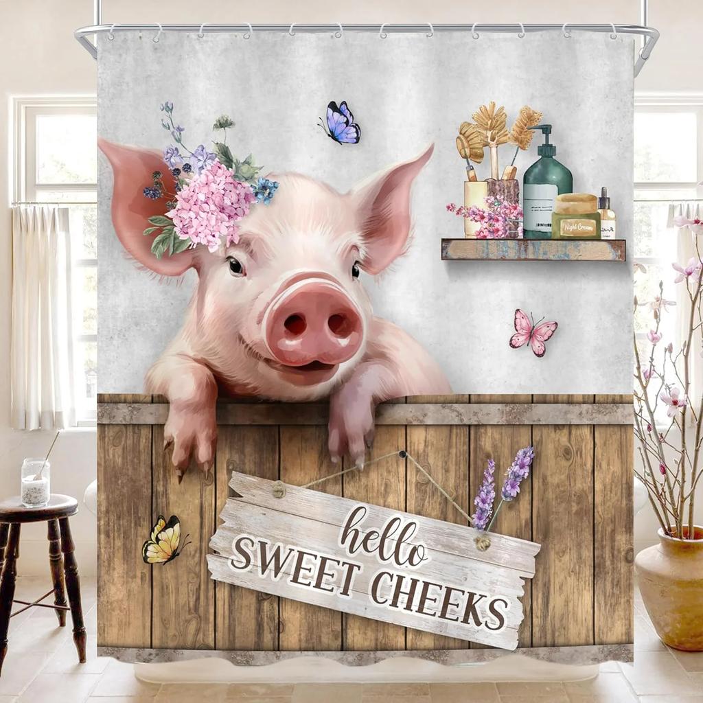 Funny Highland Cow Shower Curtain Farm Cartoon Pig Dog Flower Plant Rustic Farmhouse Kid Polyester Fabric Bathroom Decor Curtain