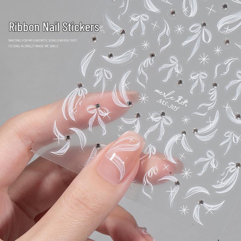 Elegant Ballet Silk Ribbon Nail Stickers with Pearls & Rhinestones - 2025 New Style