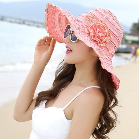 Ht1676 New Fashion Women Hat Korea Style Flower Packable Large Wide Brim Hat Anti-Uv Adjustable Ladies Floppy Beach Sun Hat