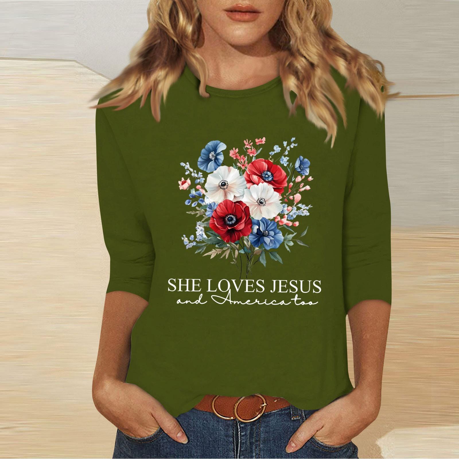 

Женская модная повседневная футболка с круглым вырезом и принтом «День независимости» длиной 3/4 L