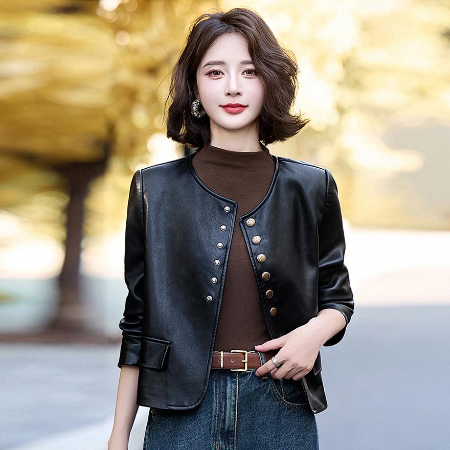 Retro Leather Jacket Short Coat Women's Autumn New Round Neck Loose and Thin Versatile Motorcycle Leather Jacket
