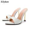 Fashion Eilyken Summer Womens Slippers Fashion Snake Print Leather Pointed Toe Ladies Shoes Stiletto High Heel Sandals Size 41 42