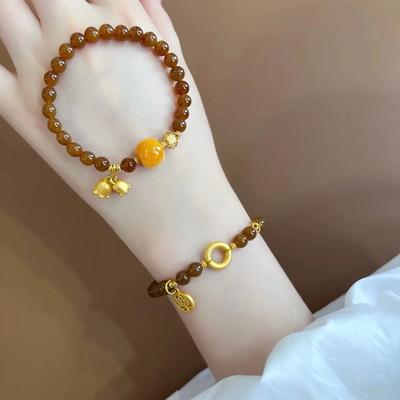Neues karamellfarbenes Glockenblumen-Handband, schlichter Kreis, Honigwachs-Imitation, Hetian-Jade-Armband