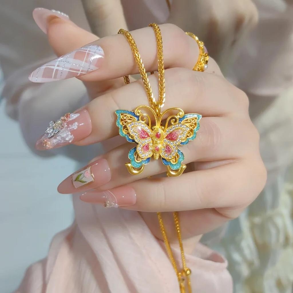 Zhuang Zhou's Dream Butterfly Thread Enamel Colored Vein Flower Butterfly Necklace Women's Burnt Blue Butterfly Clavicle Chain