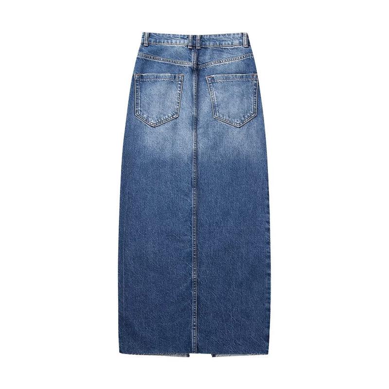 European & American Women's High-Waist Denim Midi Skirt with Slit Design for Summer 