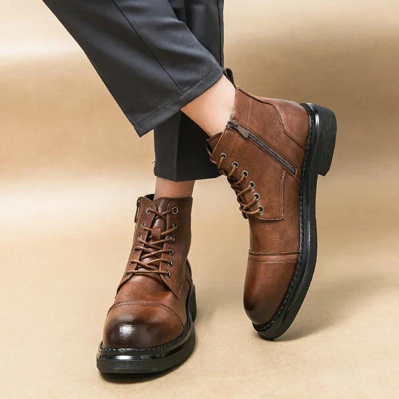 High Top Men Boots PU Lace Up Low Heel Solid Comfortable Round Toe Work Boots Classic Large Size 38-46 Fashionable Men Boots