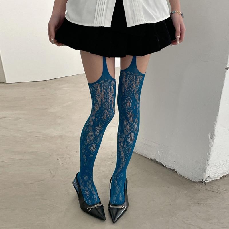 Women Sexy Sheer Fishnet Suspender Tights Garter Belt Pantyhose Hollowed Out Flower Pattern Colored Thigh High Stockings