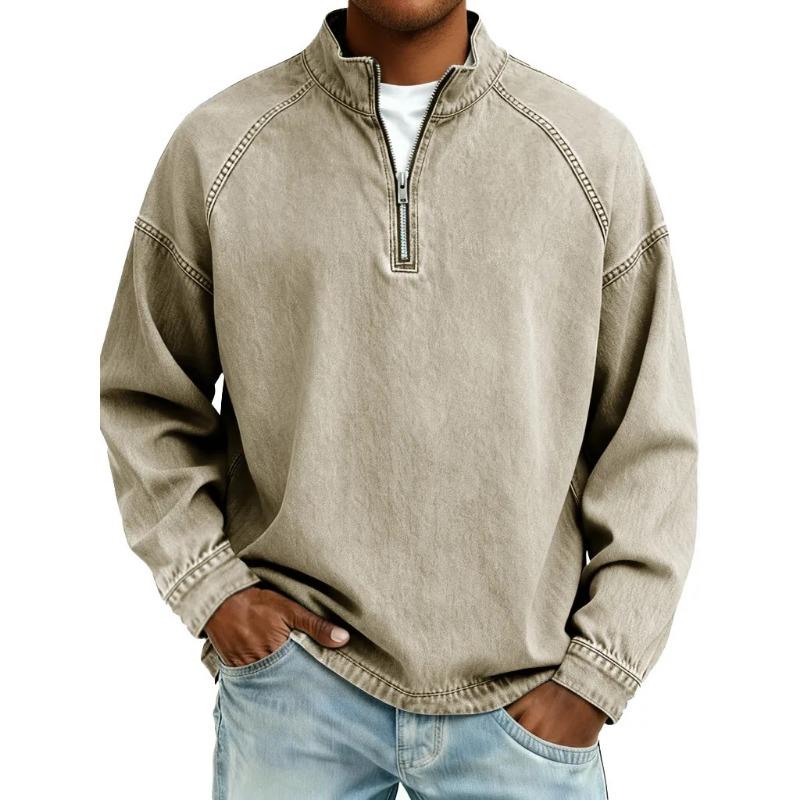Frühling Herbst Stehkragen Vintage Einfarbiges T-Shirt Herren Langarm Reißverschluss Pullover Oberteil Herren Lässig Allround-T-Shirt