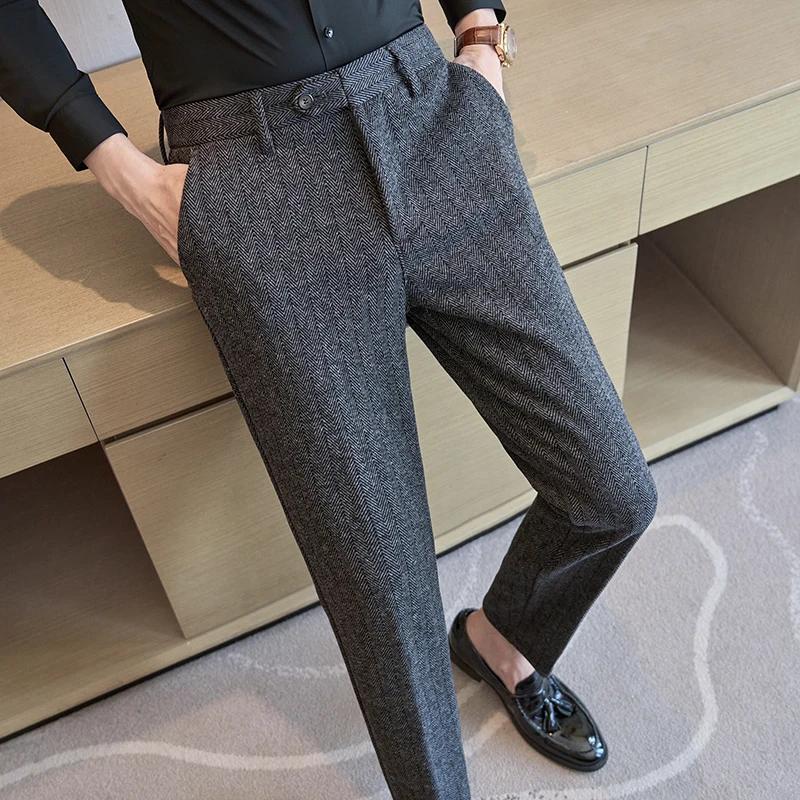 Autumn Winter High Quality Men's Wool Suit Pants Solid Striped Smart Casual Slim Fit Suit Trousers Men Cotton Woolen Dress Pants