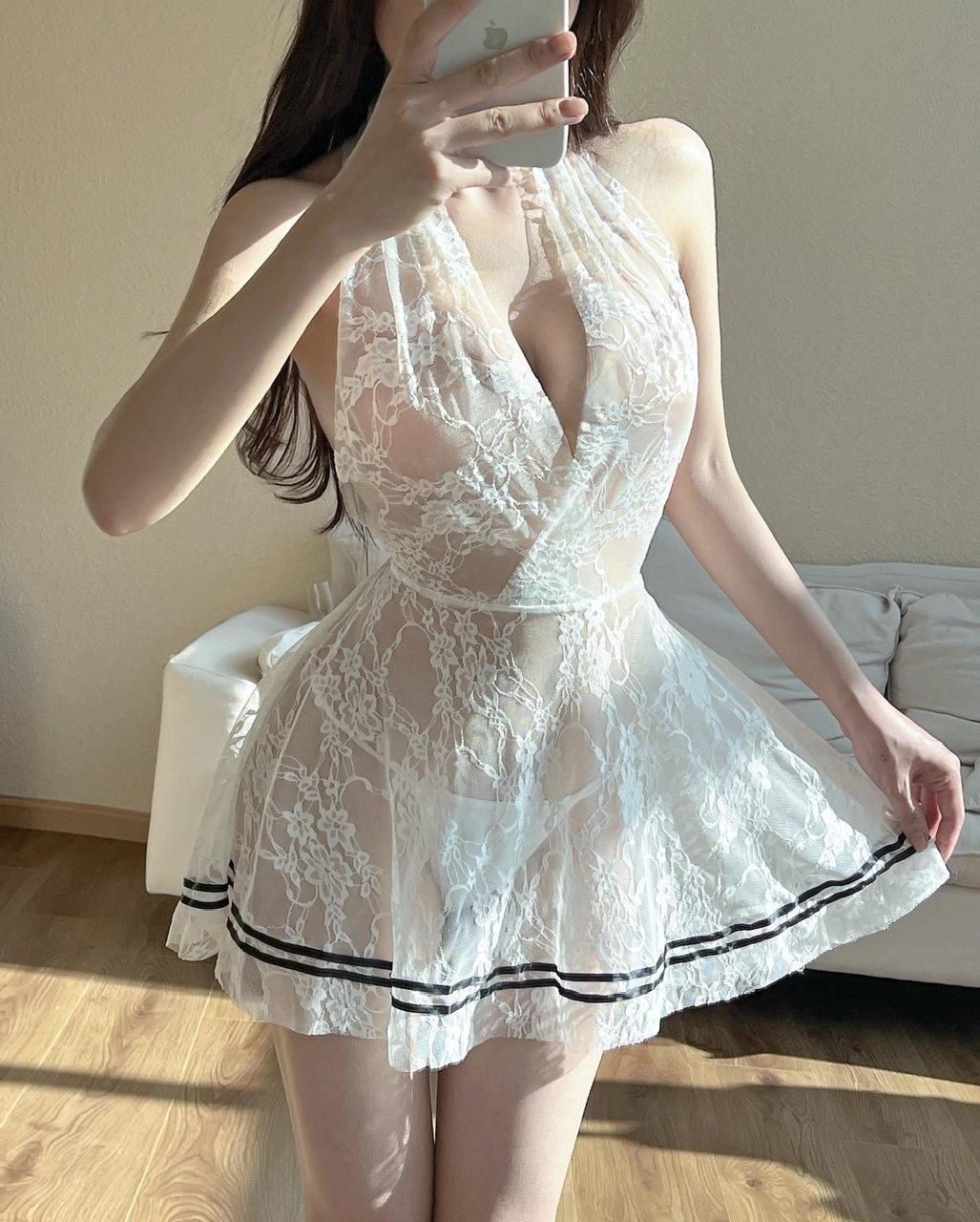 

Женская рабочая одежда для ночного клуба, спецодежда, рабочая одежда, сексуальное кружевное платье с открытой спиной, прозрачное платье, юбка-качели на шею S