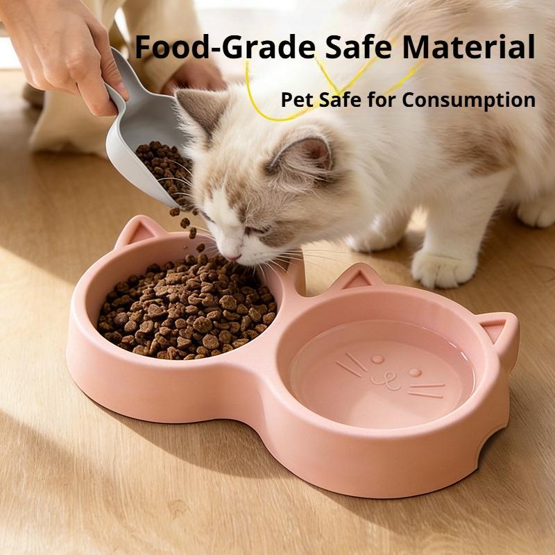 Pet Cat Double Bowl Material Non-Slip Puppy Cat Food Water Feeding Bowl Cute Cartoon Face Durable Dish