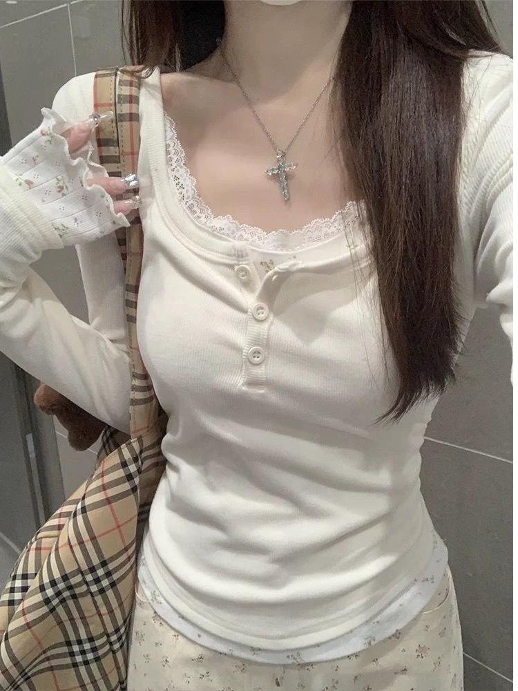 Nueva Moda Mujer Ajustado Encaje Floral Patchwork Manga Larga Camiseta