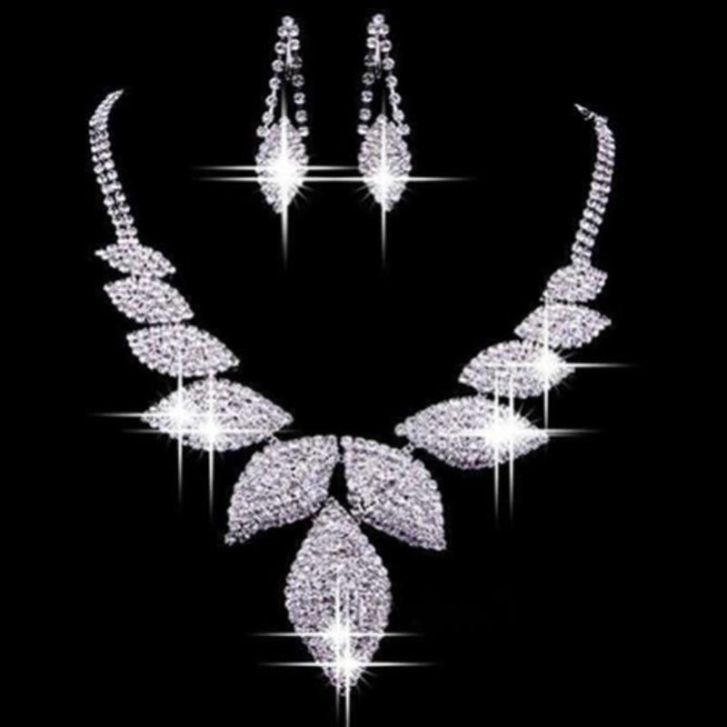 Women Fashion Charm Leaf Necklace Earrings Jewelry Set for Wedding Party