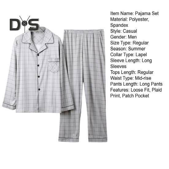 2Pcs/Set Men Pajamas Set Plaid Print Lapel Long Sleeve Single Breasted Shirt Elastic Waist Long Pants Set Loose Fit Loungewear Suit