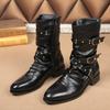 Autunno Inverno Classico retrò alta qualità pelle nera UOMO stivaletti da motociclista stile punk rock con borchie e cinturino con fibbia
