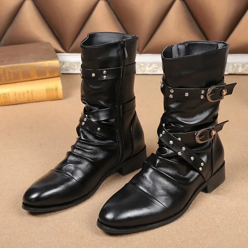 Autunno Inverno Classico retrò alta qualità pelle nera UOMO stivaletti da motociclista stile punk rock con borchie e cinturino con fibbia