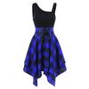 Fashion Women Sleeveless Cold Shoulder Cross  Plaid Print Irregular Dress