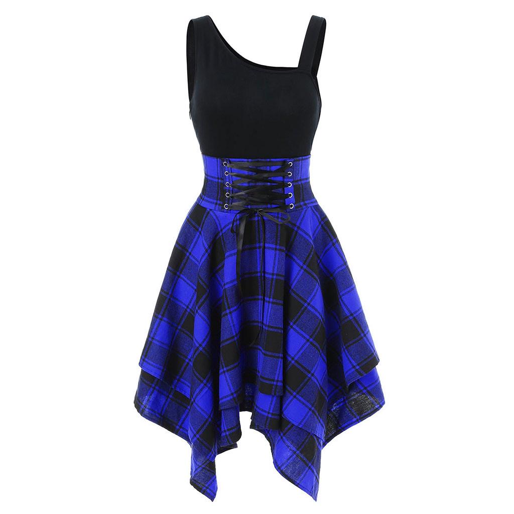 Fashion Women Sleeveless Cold Shoulder Cross  Plaid Print Irregular Dress
