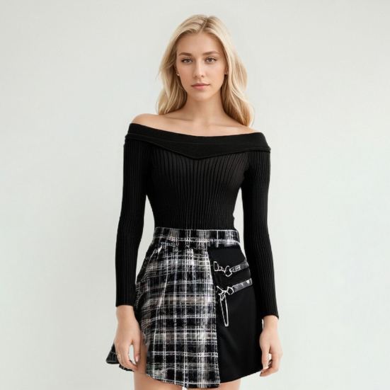 Women Mini Skirt Checkered Print Contrasting Color Pleated Skirt High Waist Metal Chains Belts Decoration Irregular Skirt