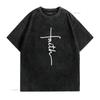 Minimalist Line Art Christian Faith Cross Print Casual T Shirt Vintage Washed Stretched Comfortable Streetwear