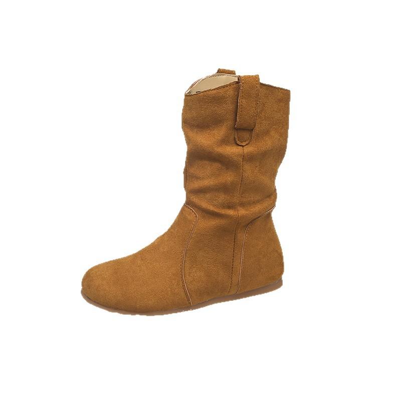 Internet Celebrity Heap Boots 2025 New Round Head Versatile Flat Bottom Western Cowboy Boots Matte Leather Short Boots Women's Autumn and Winter S