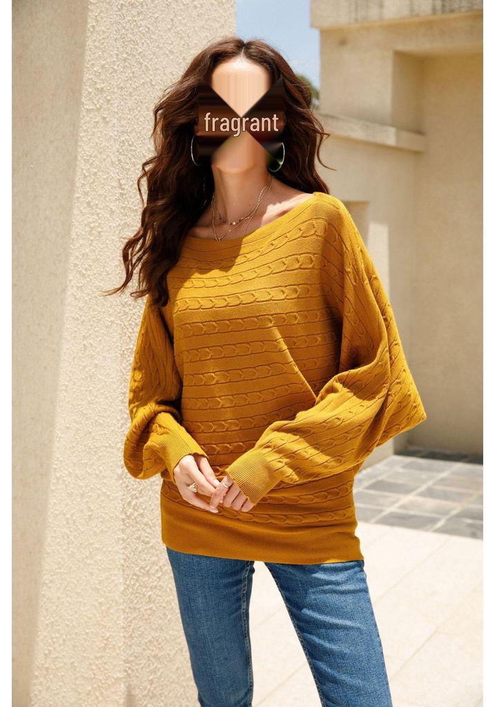 Autumn Winter Women's Plus Size One-Shoulder Cable Knit Batwing Sweater Pullover