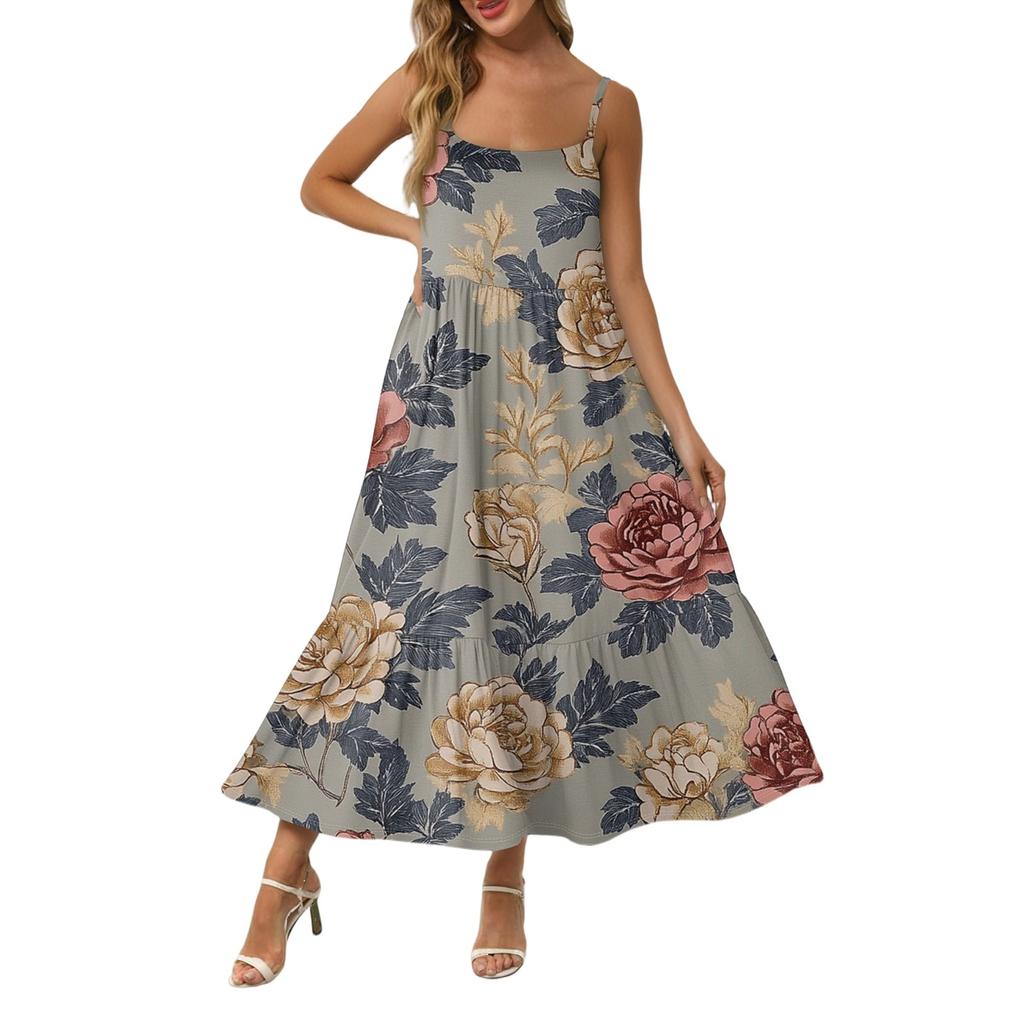 Damska Długa Plażowa Codzienna Elegancka Sukienka Maxi na Cienkich Ramiączkach, Szyta, Subtelna, Zwiewna Sukienka w Stylu Boho