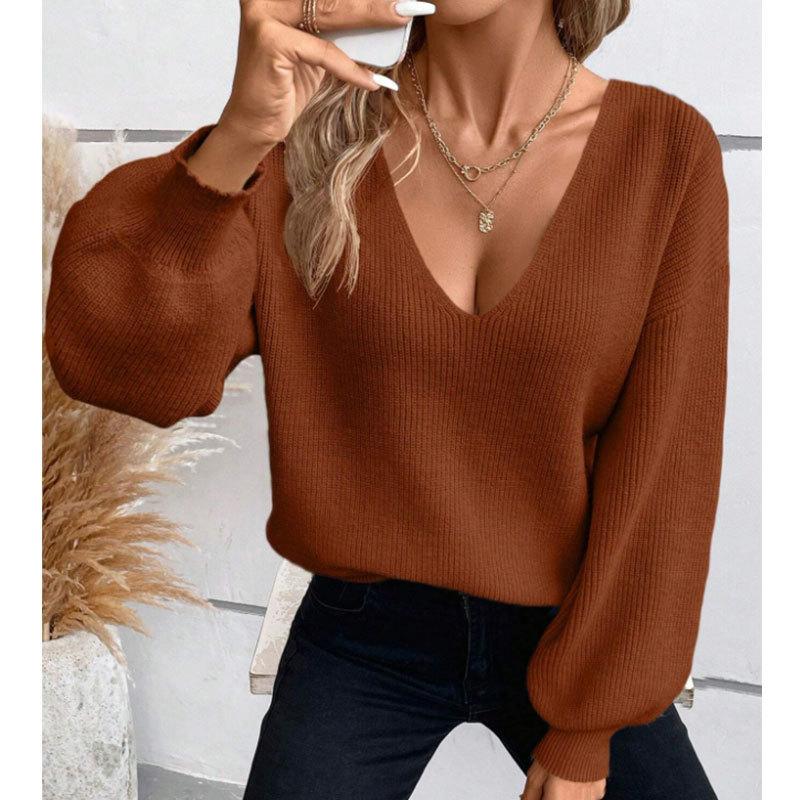 Damen Herbst/Winter Sexy Rückenfreier Schnürpullover mit V-Ausschnitt Langarm Strickpullover