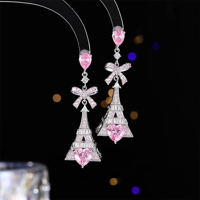 

Новые серьги тяжелая промышленность роскошь инкрустация цирконием легкая роскошь индивидуальный дизайн чувство любви бант железная башня серьги розовый