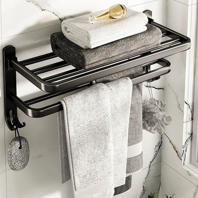 Bathroom Towel Holder No Drill Black Grey Towel Rack Self Folding Holder Storage With Hook Wall Mount Bath Accessories