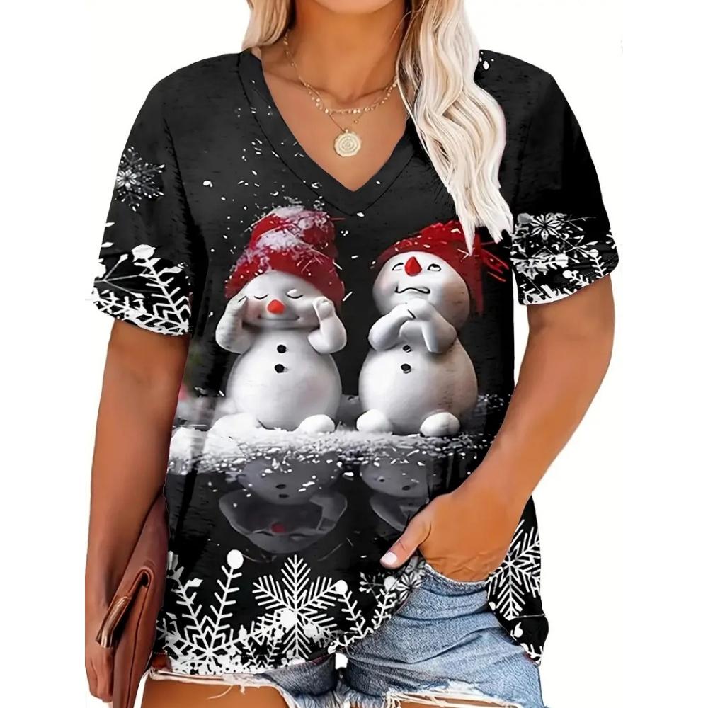Fashion Red Christmas Day Women's Clothing Summer V-Neck Loose Short Sleeved Father Christmas T-Shirt Trend Hot Selling Styles