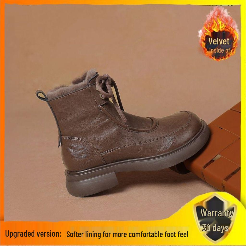 Women's Winter Thick-Soled Martin Boots – British Style, Fleece-Lined, Lace-Up Ankle Boots for Warmth in Snow, Available in Black and Brown.