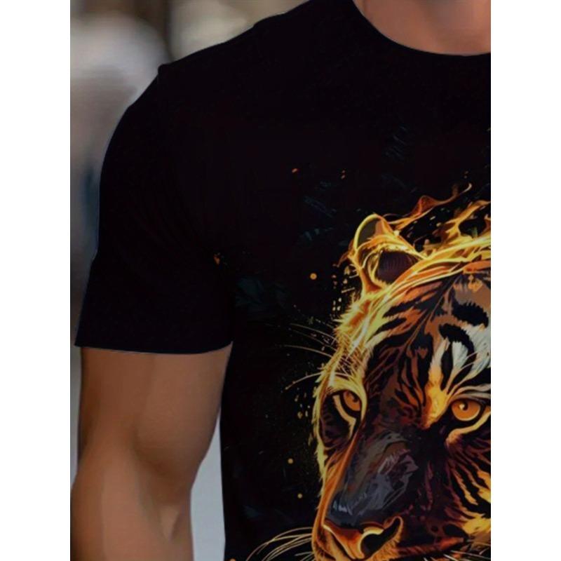 Men's Fire Tiger 3D Printed T-Shirt Casual Short Sleeve Crewneck Top Cool Blazing Flame Wild Animal Graphic Tee Trendy Streetwear Summer Clothes