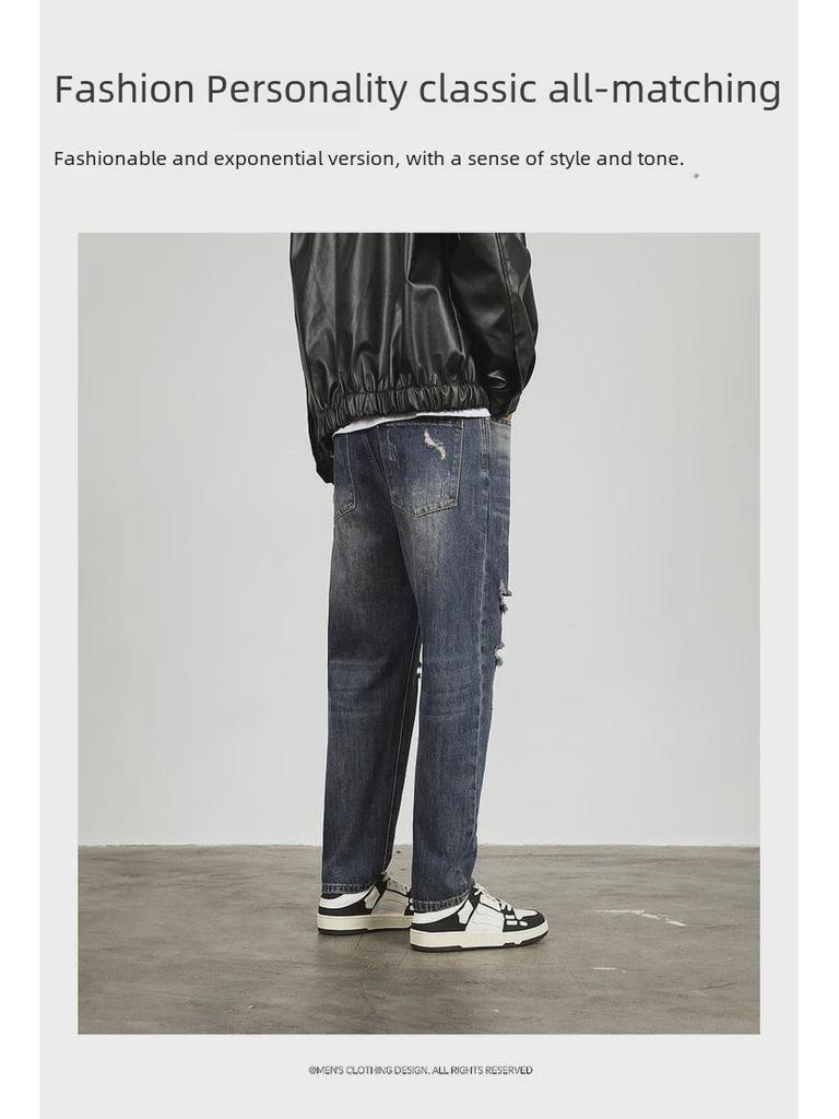 Jeans da uomo alla moda effetto used a nove punti: Casual, Strappato, Ampio, Vestibilità Affusolata per Primavera & Autunno
