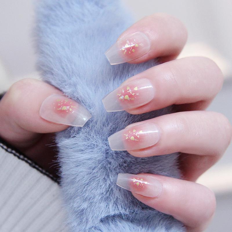 Blush Glitter Ice-Clear Press-On Nails: Gentle Temperament Removable Stickers for Students