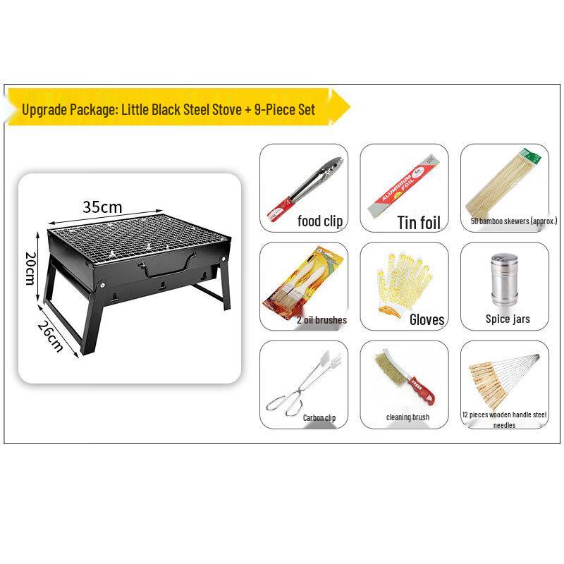 Portable Black Steel BBQ Grill Black Steel + Nine-piece Set
