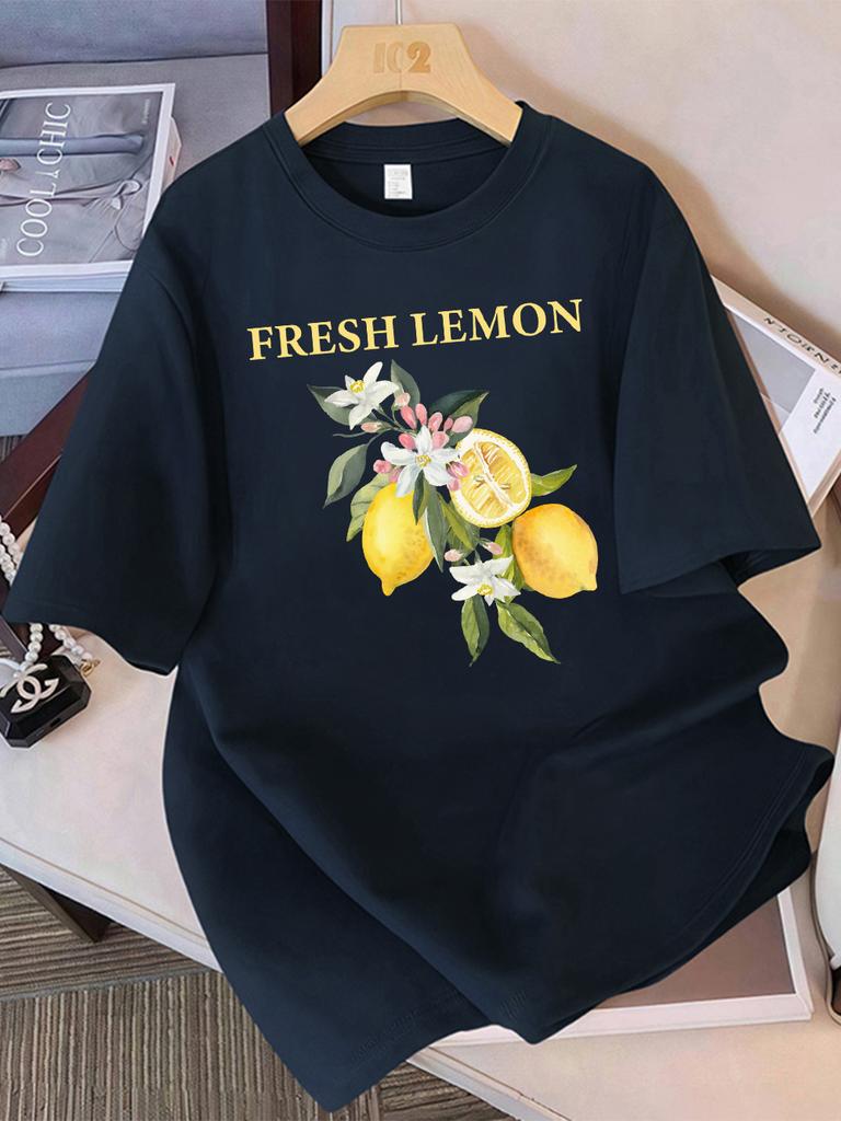 100 Cotton Summer TShirts Womens Fresh Lemon Flowers Printing Tops Comfortable Soft ONeck Short Sleeve Casual Womans Clothes