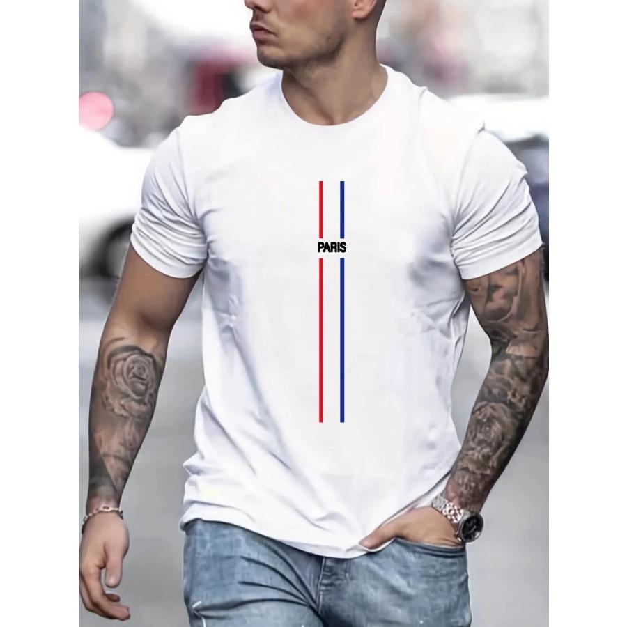 Men's Summer Loose Fit PARIS Print T-shirt Tops Fitness Sportswear Stretch Breathable Oversized Shirt Men's Clothing