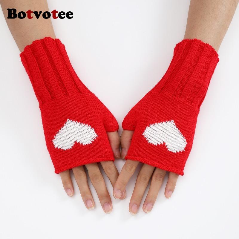 BotvoteLove Fingerless Gloves Women Winter Arm Warmers Y2k Accessories Knit Fashion Cute Black Short Hands Free Gloves Red