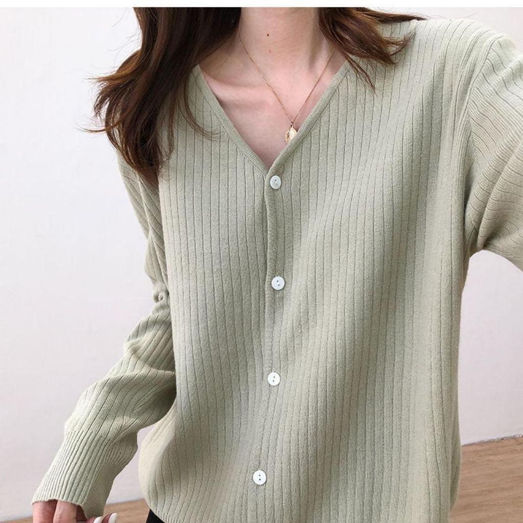 Korean Style V-Neck Ribbed Knit Cardigan for Women - Soft, Slimming, Versatile, Loose Fit, Long Sleeve, 2026 Spring Collection.
