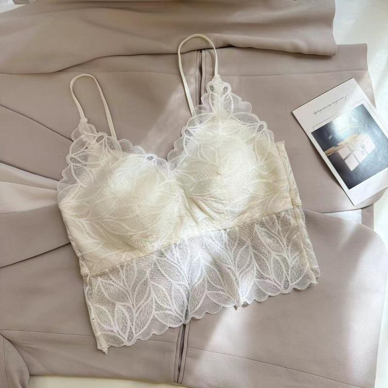 Sexy lace suspender bra inner and outer wear one-piece fixed cup gathering rear cross backless underwear women