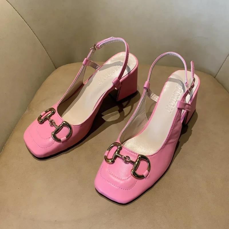 2024 Damenschuhe Metallverzierung Damen High Heels Mode Schnalle Büro Professionell Quadratische Spitze Dicke Ferse Sandalen Zapatos