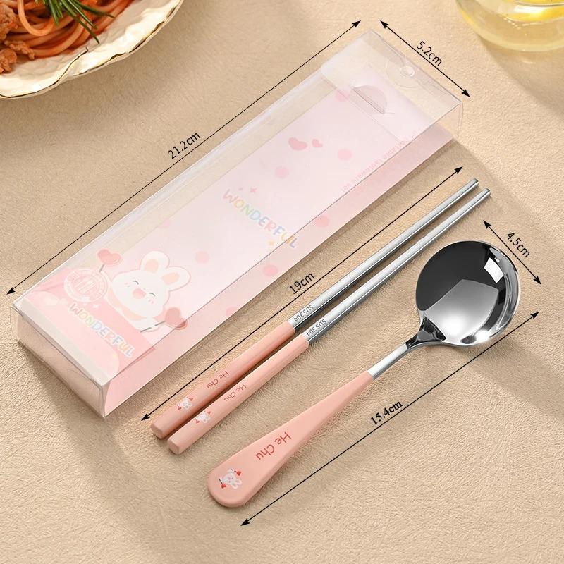 1Pcs Portable Cutlery Set Stainless Steel Cute Cartoon Animal Pattern Handle Spoon Chopstick with Box Travel Student Dinnerware Set