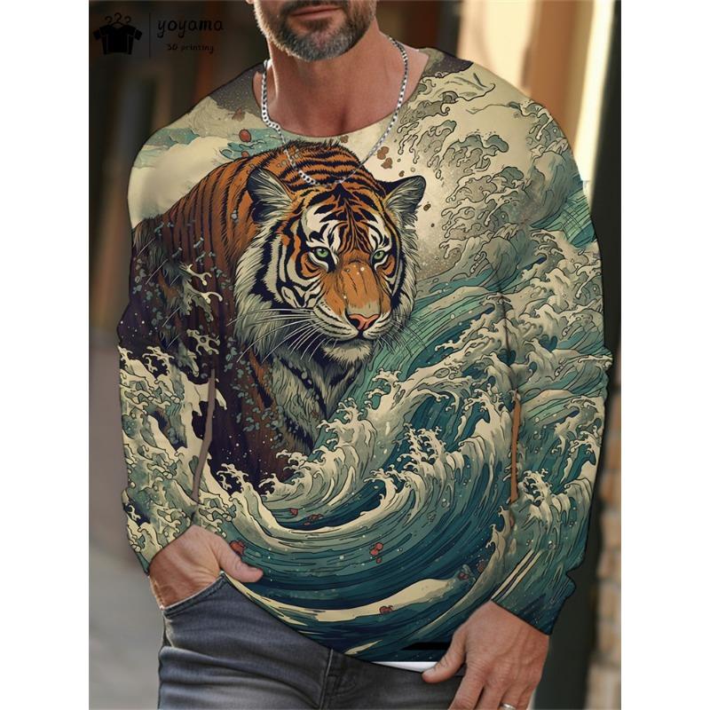 Îmbrăcăminte pentru bărbați cu imprimeu de tigru Tricou cu mânecă lungă pentru bărbați Tricou cu gât rotund cu imprimeu 3D Tricou cu grafică cu tigru pentru bărbați Îmbrăcăminte Top
