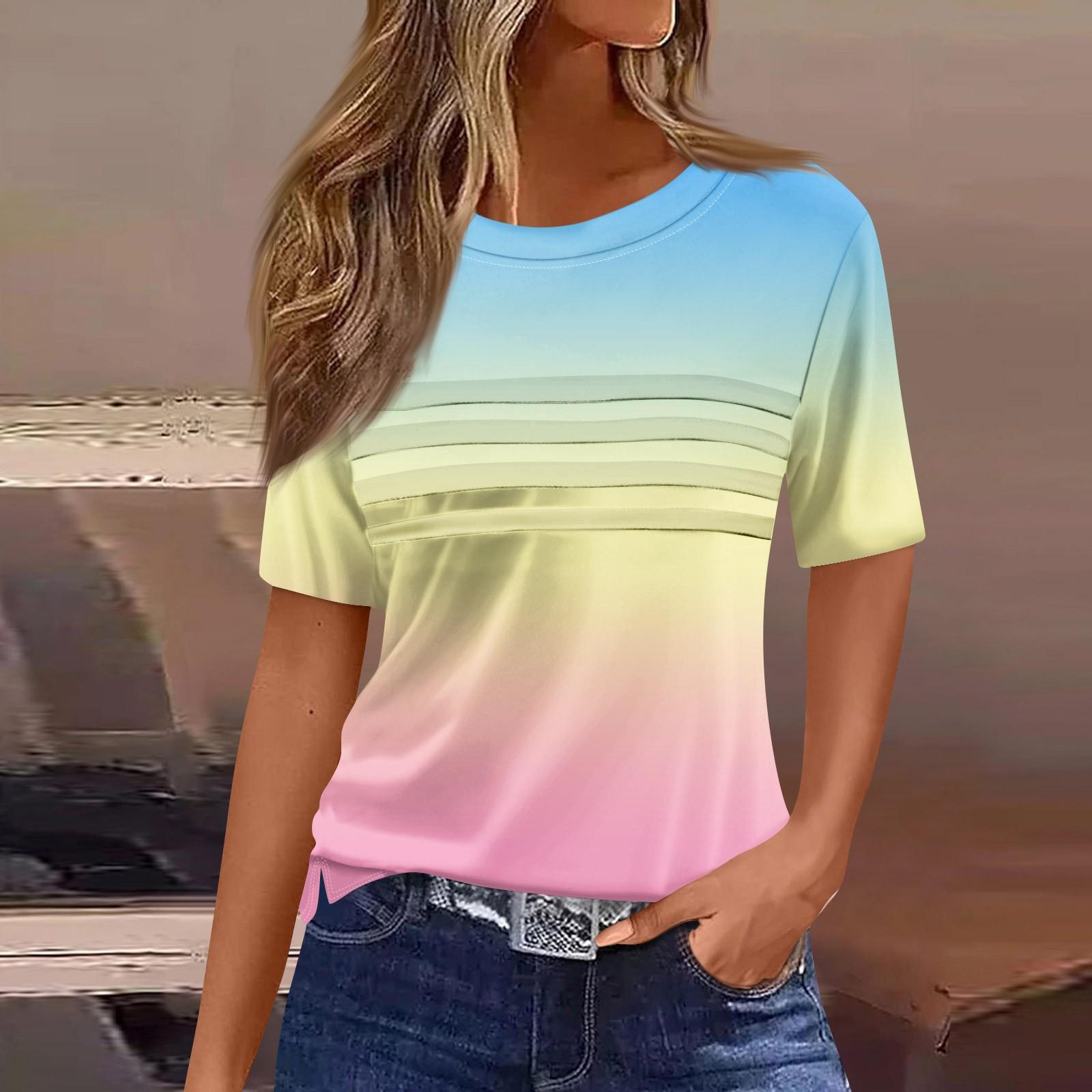 

Женская плиссированная футболка с круглым вырезом и градиентным принтом, короткий рукав, топ с разрезом по низу XL небесно-голубой