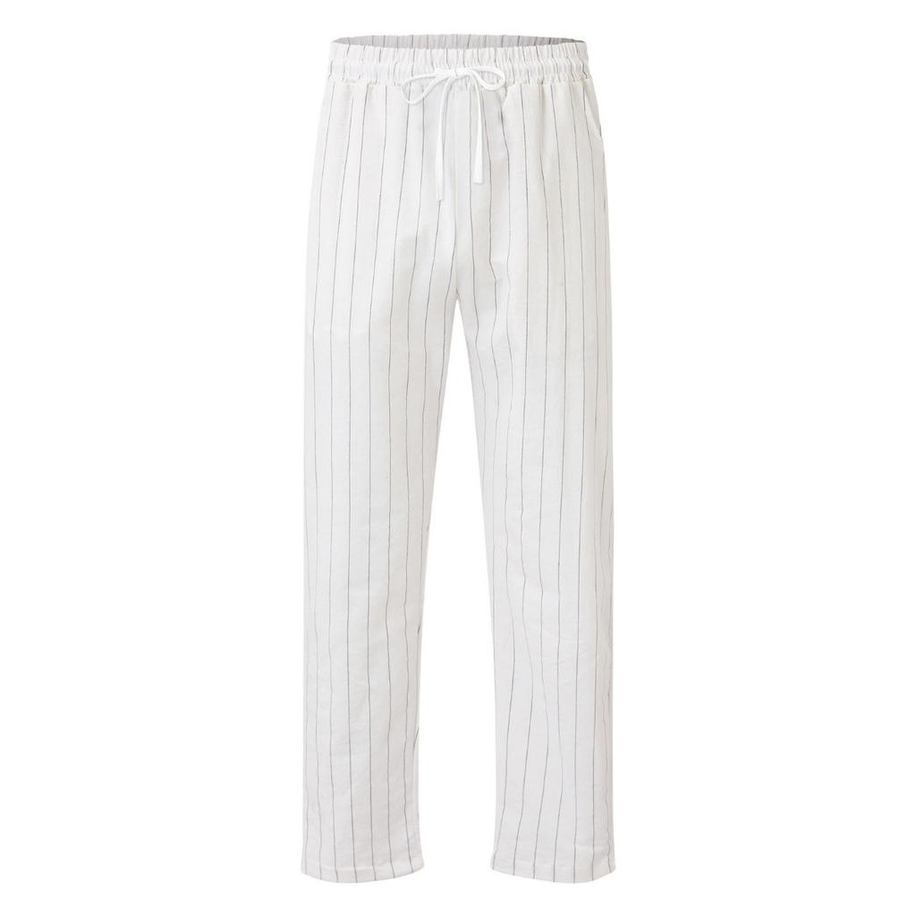 New Men's Striped Cotton Linen Drawstring Elastic Waist Casual Long Beach Pants for European American
