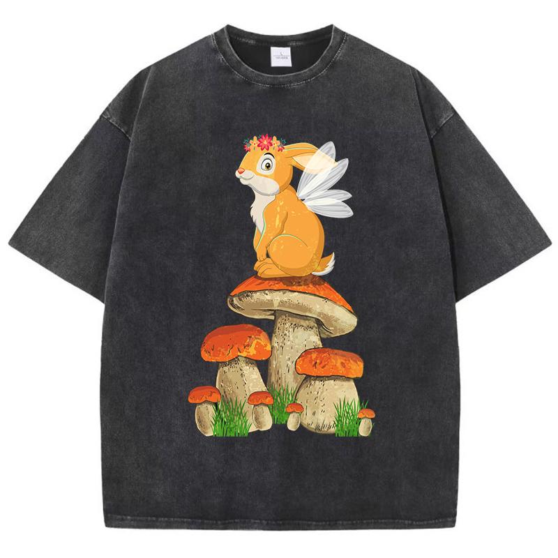 Cottagecore Aesthetic Mushroom Frog Print Washed T Shirt Woman Crewneck Y2K Short Sleeve Summer T-Shirt Cotton